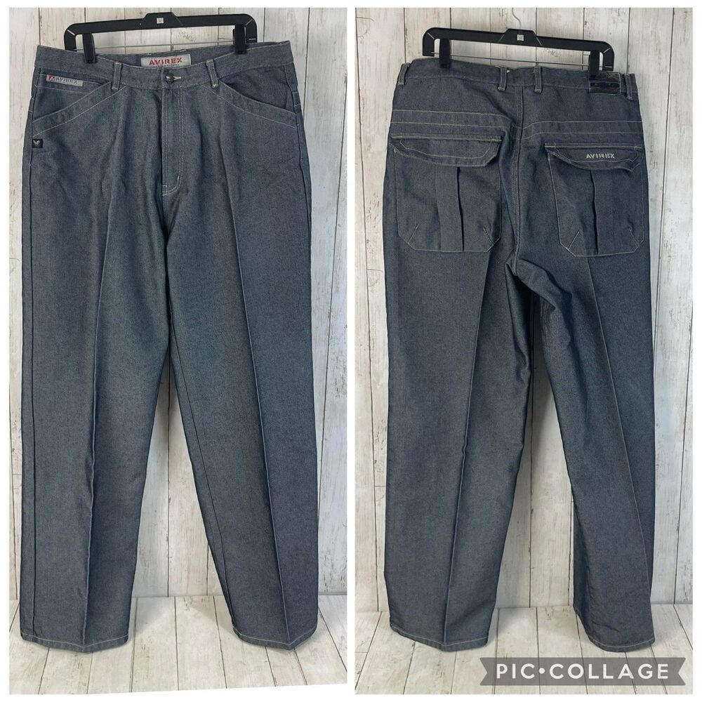 Avirex Demin Systems Sz 38 Baggy Jeans Flap Pocket Y2K Skater Hip Hop
